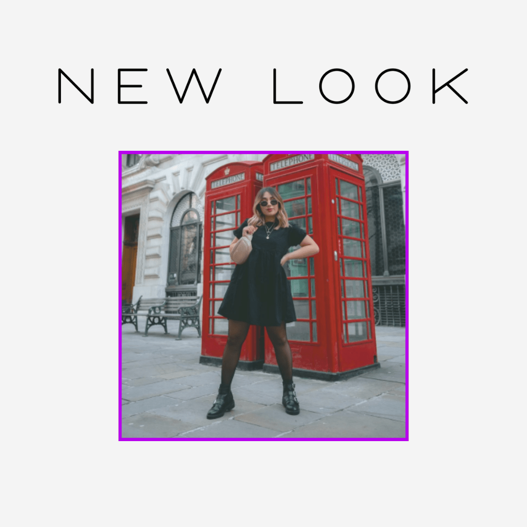 New Look feature image, of girl in black dress standing in front of red telephone box
