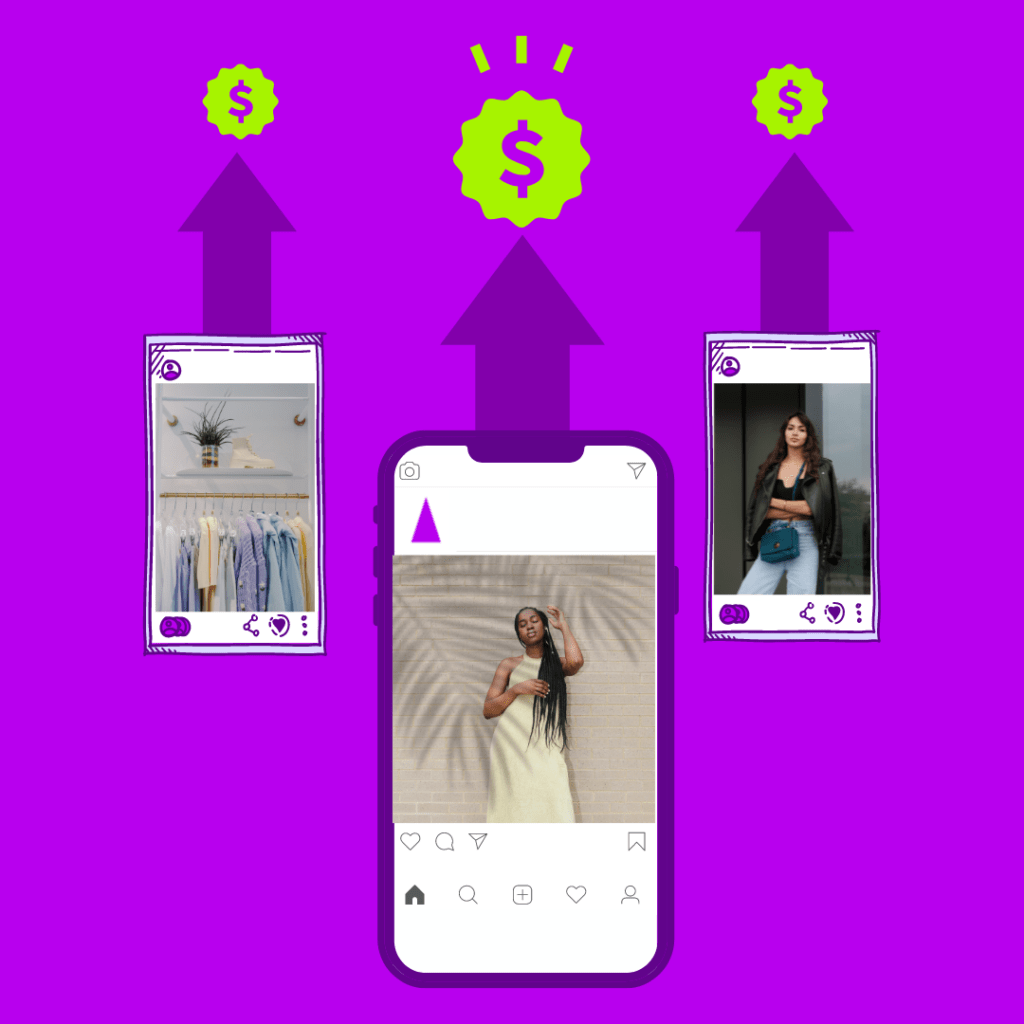 Graphic of social media images on a phone with arrows pointing up to dollar signs, to show a drive in sales