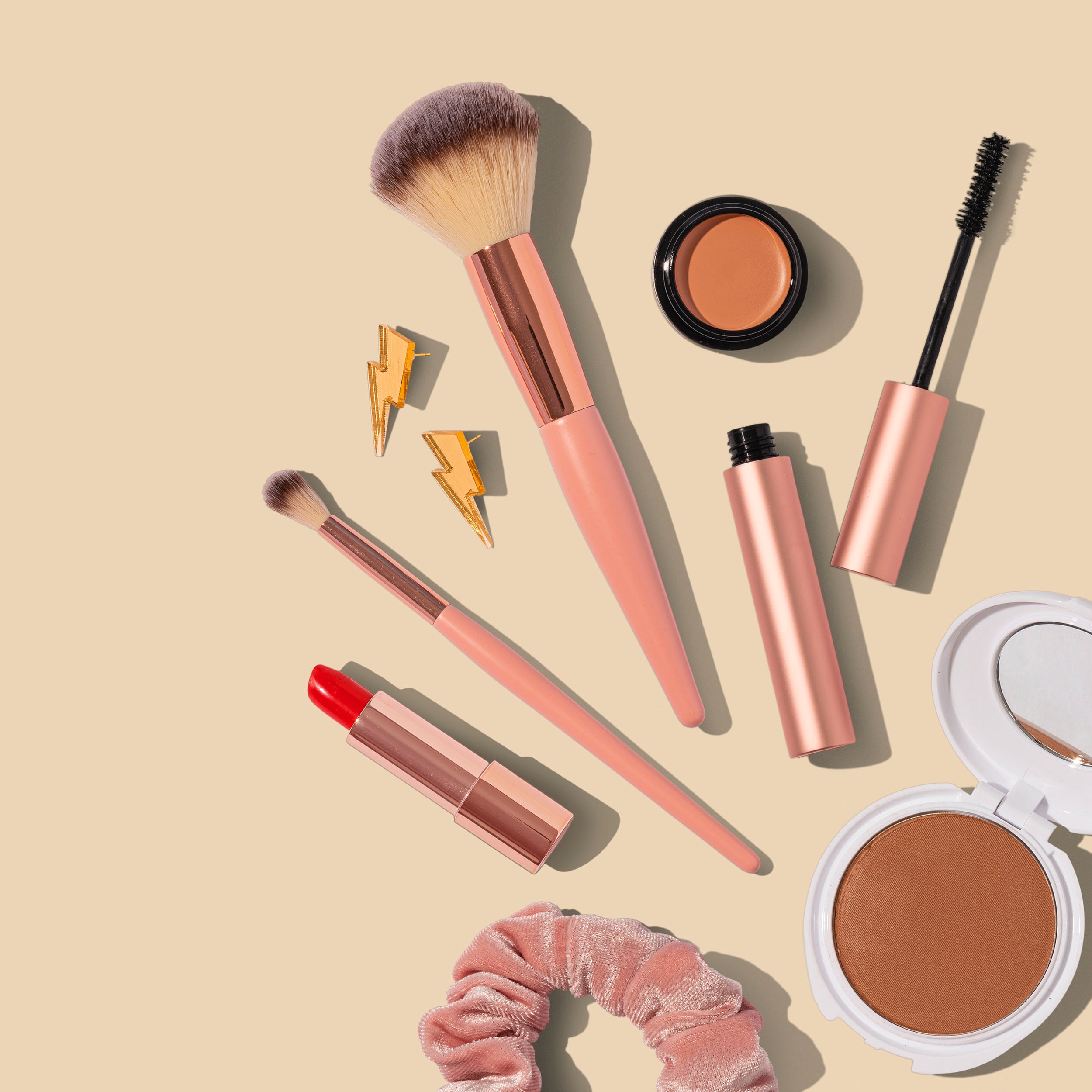 Beauty products in a flat lay