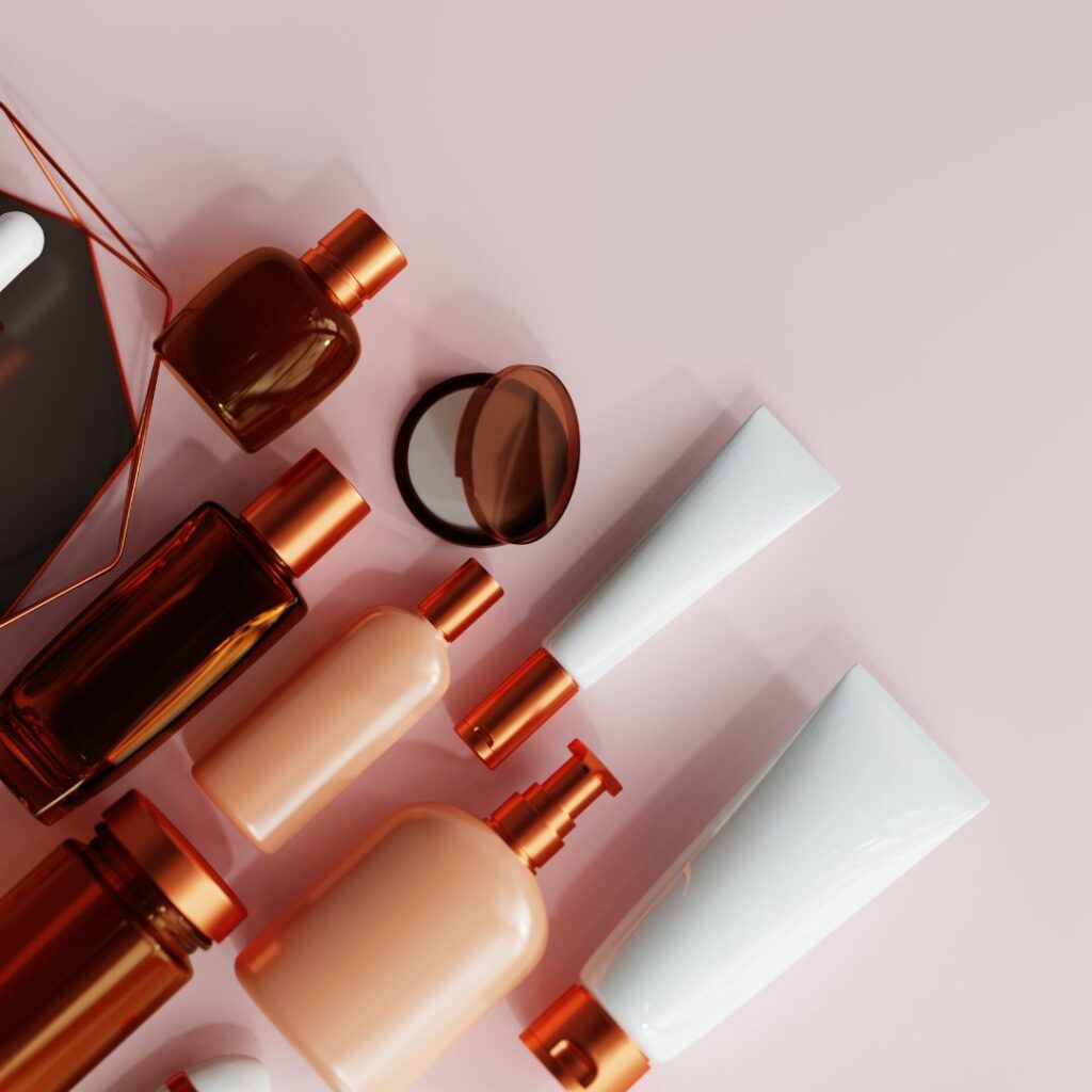 Beauty products, in a flat lay