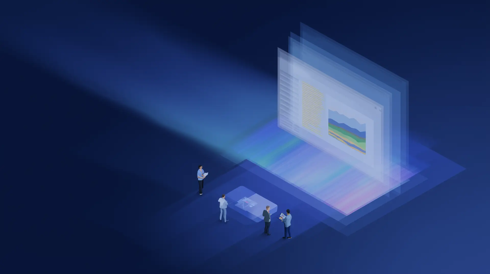 Stylized illustration of four digital professionals interacting with a holographic data dashboard in a blue-toned virtual environment