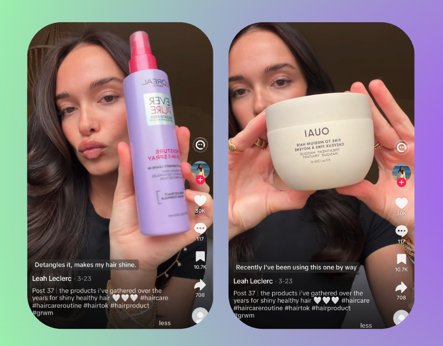 Untagged audio mentions: a creator names hair products out loud in TikTok videos, with no brand tag in the caption
