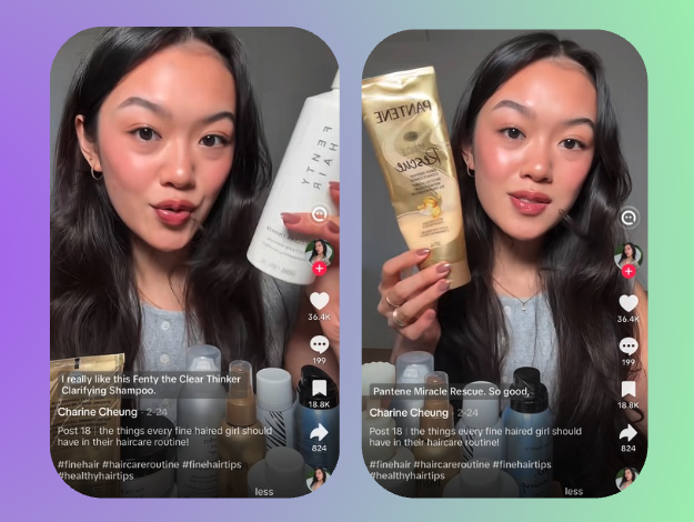 Untagged audio mentions: a creator names haircare products out loud in TikTok videos, with no brand tag in the caption