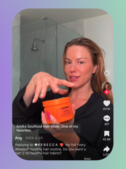 Untagged audio mentions: a creator names a hair mask out loud in a TikTok video, with no brand tag in the caption